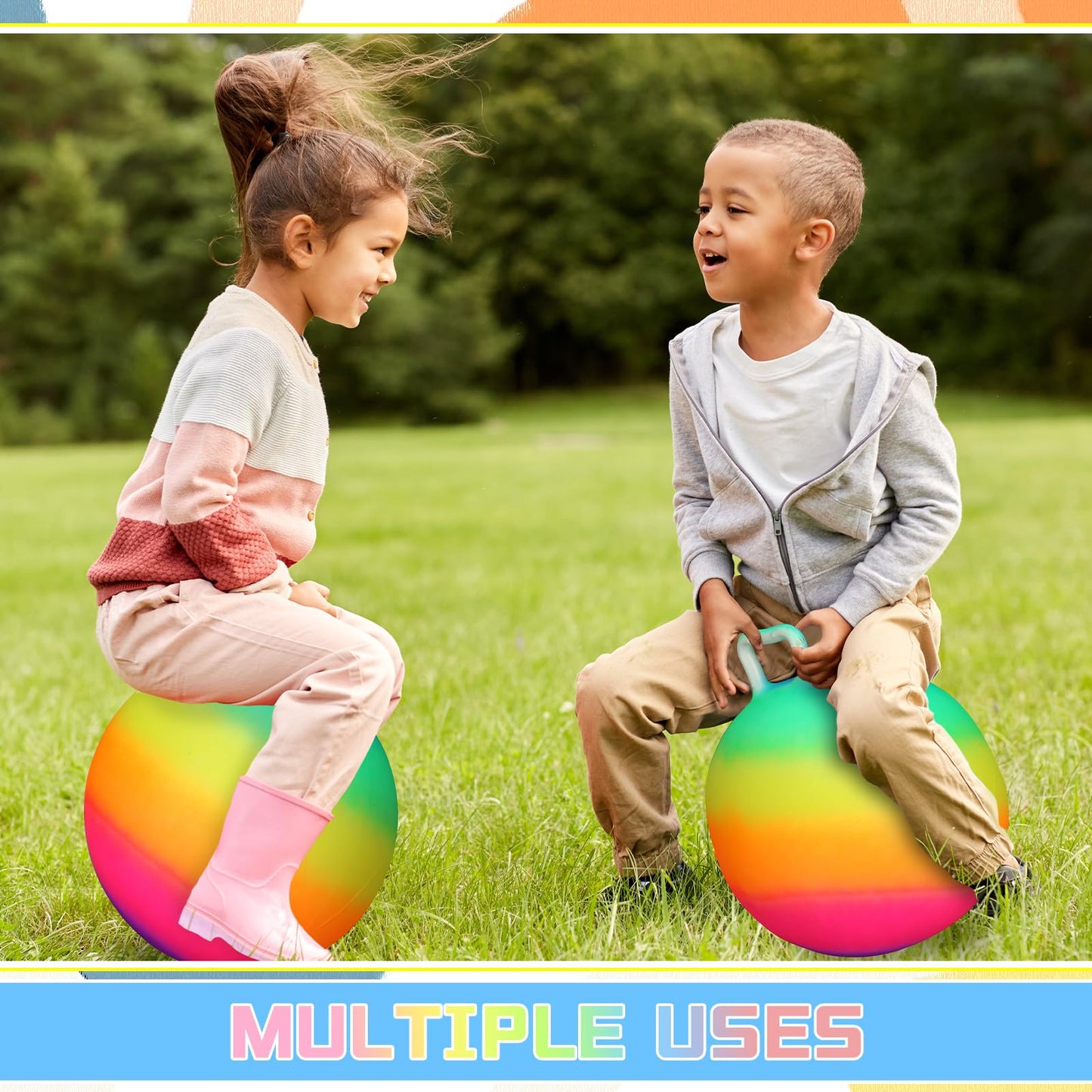 Poen 2 Pcs Bouncing Ball with Handle, Hopper Jumping Hopping Ball with Air Pump for Games(18 Inch,Rainbow)
