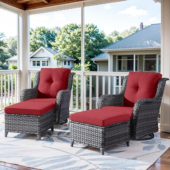 Belord 4 Pieces Patio Furniture Sets, Wicker Patio Swivel Glider Chair with Ottomans, Outdoor Furniture Set for Outside Porch, Deck, Balcony, Garden