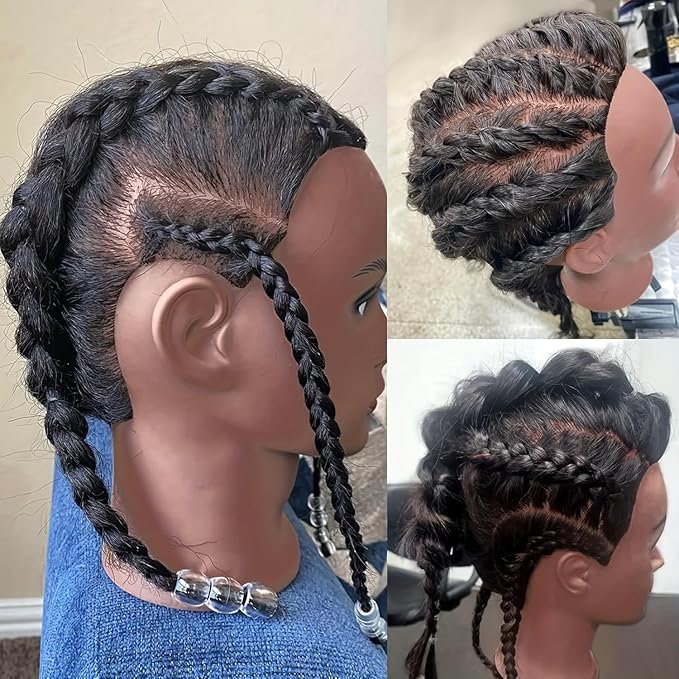 African Human Hair Mannequin Head for Braiding, 16 inch Cosmetology Manikin Doll Head with Real Hair for Styling Black Mannequin Head with Stand