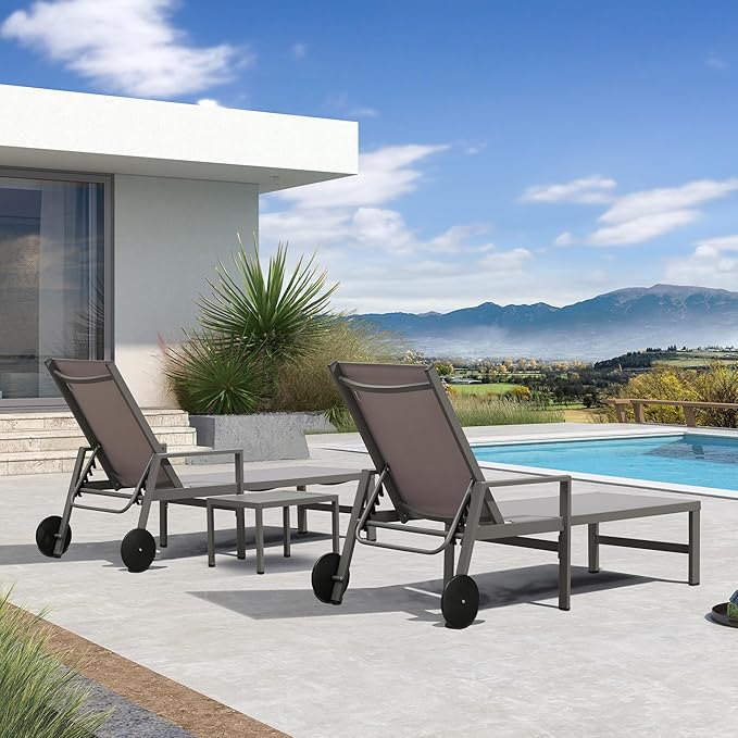 PURPLE LEAF Outdoor Chaise Lounge Set for 2 Aluminum Patio Chaise Lounger Chairs with Armrest and Wheels Adjustable Pool Chaise Lounge Chair for Beach Yard Poolside Table Included, Light Grey