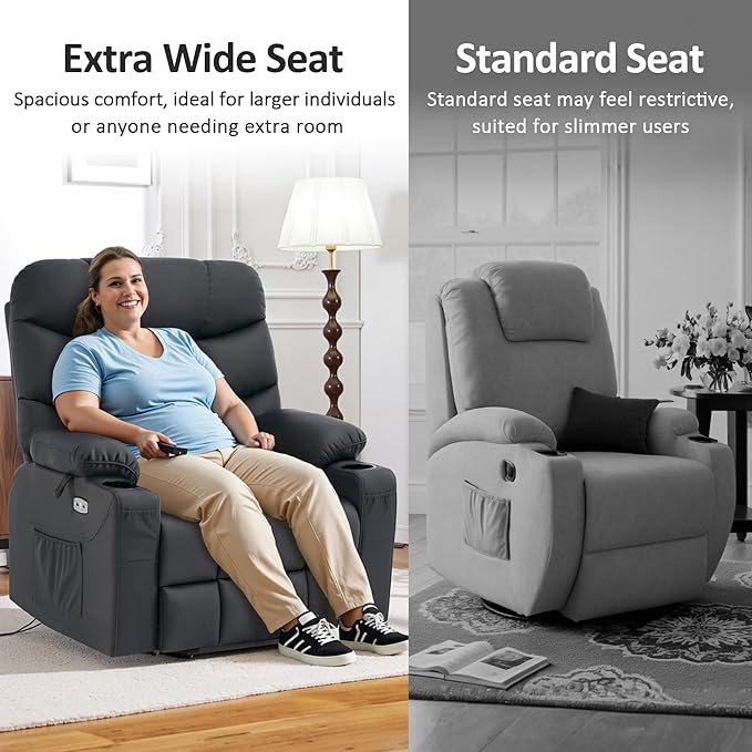 MCombo Oversized Power Lift Recliner Chair with Extended Footrest, Extra Wide 27.2" for Big and Tall Elderly People, Faux Leather R7289 (Black, Medium-Oversize)