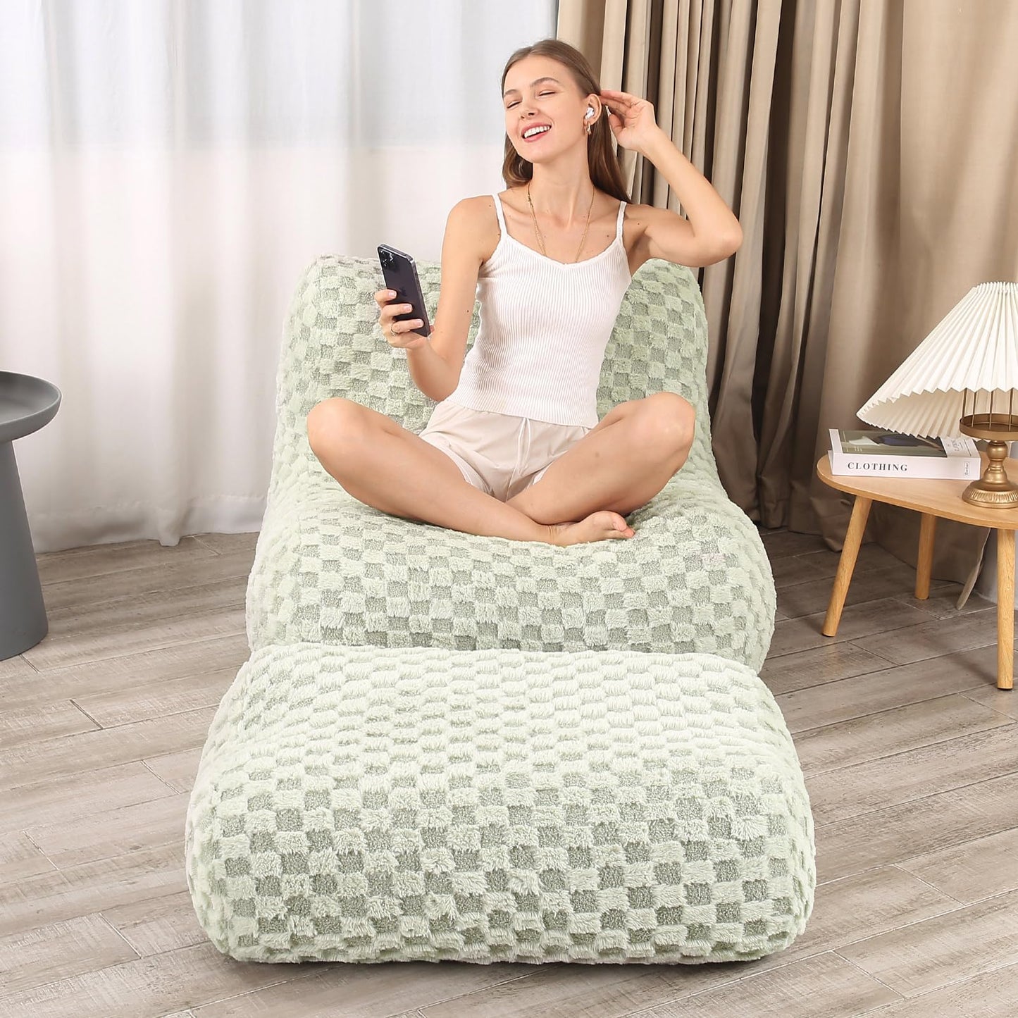 LOVMOC Bean Bag Chair with Footstool, Comfy Reading Sofa Chair for Adults, Modern Floor Sofa for Livingroom, Bedroom, Green