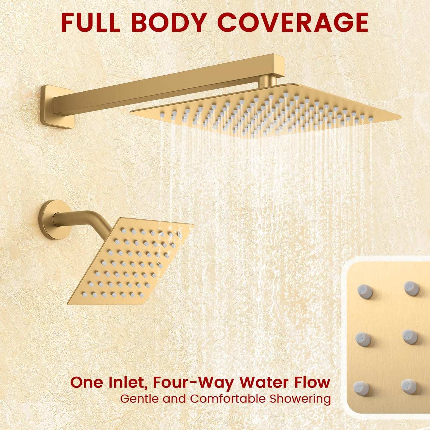 Push Button Diverter Shower Faucet Set Hydro Power Temperature Display, Shower System Wall Mounted 10" & 6" Shower Head with 3-Spary Handheld, Shower Fixtures with Valve and Trim Kit, Brushed Gold