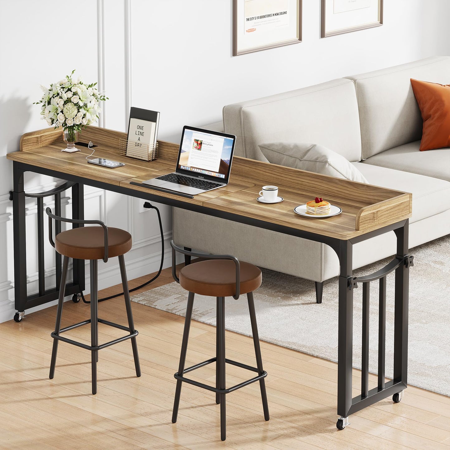 Condemo Overbed Table with Wheels and Height Adjustable, 71 inch Queen Size Bed Table with Adjustable Tilt Board, Mobile Laptop Cart Computer Desk with Outlets & USB Ports, Light Brown