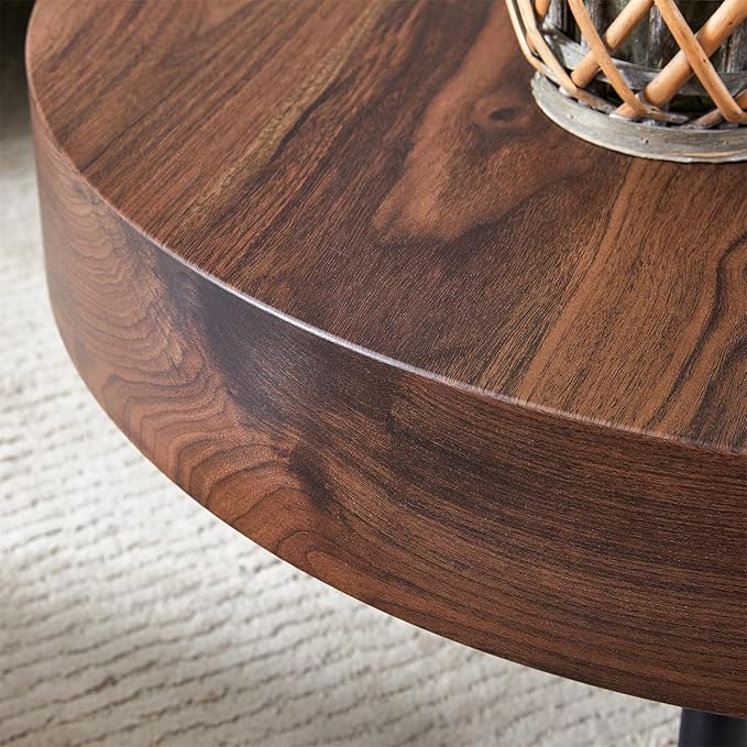 LKTART Coffee Table for Living Room, Round Wood Coffee Tables with Storage, Modern Metal Accent Center Tea Table for Apartment Small Space (31Inch-Walnut)