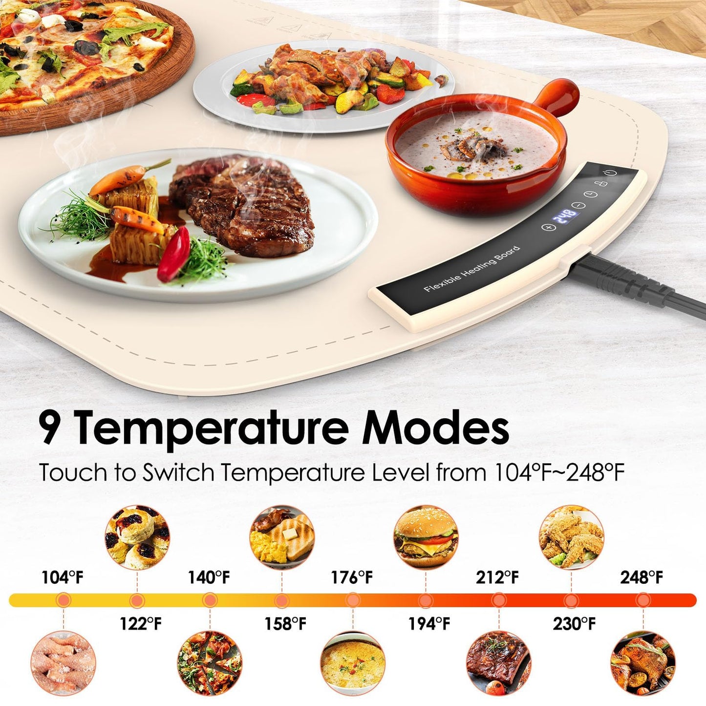 Food Warming Mat, Electric Warming Tray for Buffets & Parties, Silicone Heating Mat for Food with 9 Temperature Settings, Roll-Up Storage, 25.8"x15.6"