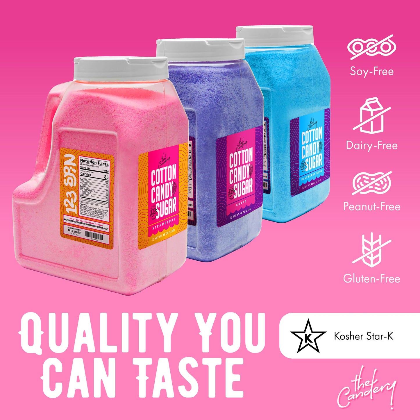The Candery Cotton Candy Floss Sugar 6lbs 96oz jars- 3 Pack Strawberry, Raspberry Blue and Grape Easy Pour Easy Grip Reusable Jars