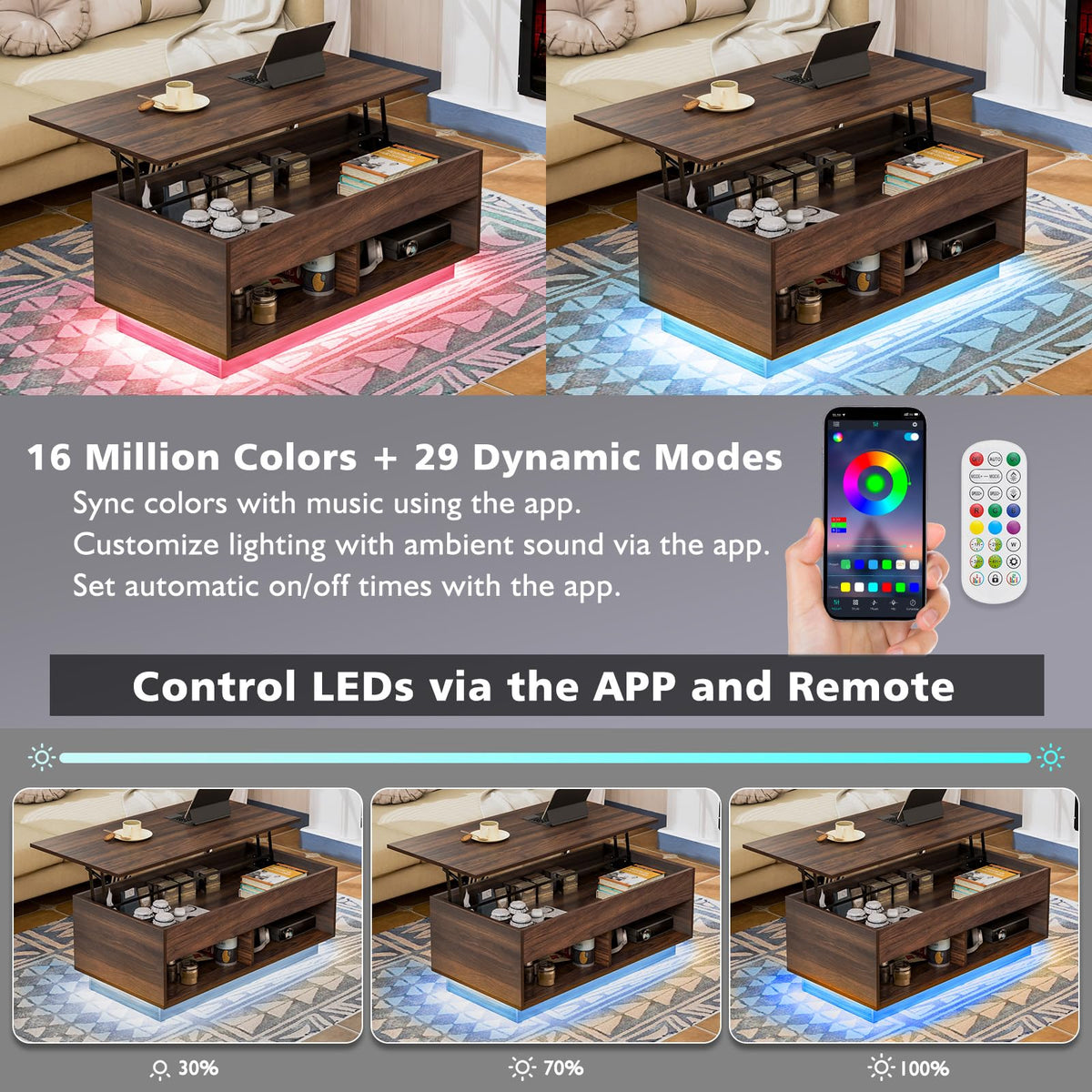 HOMMPA Modern Lift Top Coffee Table with Storage for Living Room LED Coffee Table Wodden Lift Tabletop Dining Table with Hidden Compartment and Metal Frame, Walnut