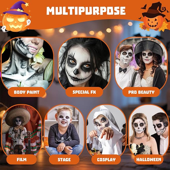 Halloween Makeup Kit, White + Black + Silver Face Painting Kit for Adults 60g(2.1 oz), Body Paint Kit with Brushs for Halloween Makeup, Party, Cosplay, Theater
