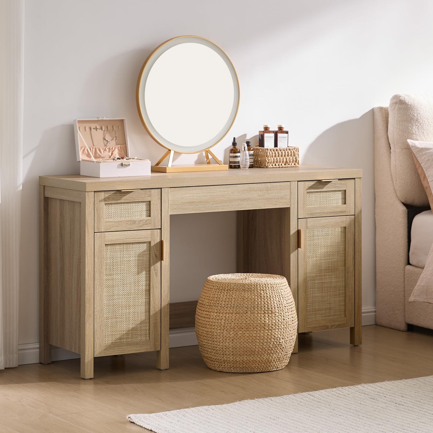 SICOTAS Rattan Vanity Home Office Desk - 52" Large Farmhouse Boho Makeup Vanity Dressing Table with 3 Drawers & 2 Storage Cabinets, Vanities Desk for Makeup Room, Bedroom, Home Office, Light Oak