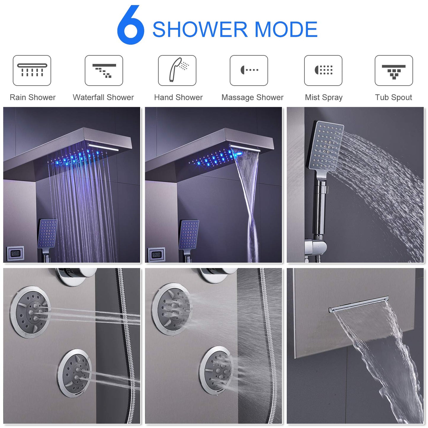 MENATT LED Shower Panel Tower System, 6 in 1 Stainless Steel LED Shower Column, Rainfall & Waterfall Head, Massage Jets, Tub Spout, Handheld Shower(Brushed)