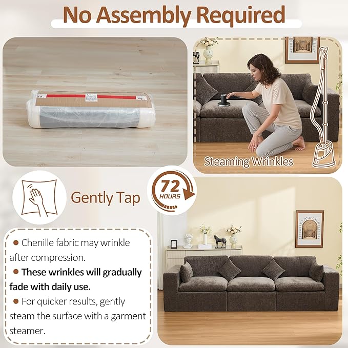 115''Cloud Boneless Sectional Couch, Modular Sectional Sofa Deep Seat, Oversized Upholstered Convertible Comfy 3 Seater Chenille Memory Foam Sofa Couches for Living Room, Brown