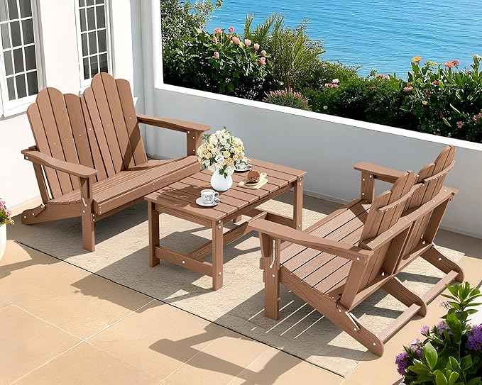 SERWALL 3 Pieces Patio Adirondack Bench Set, 2 Folding Adirondack Bench and 1 Coffee Table Set for Front Porch Garden Balcony Backyard, Brown