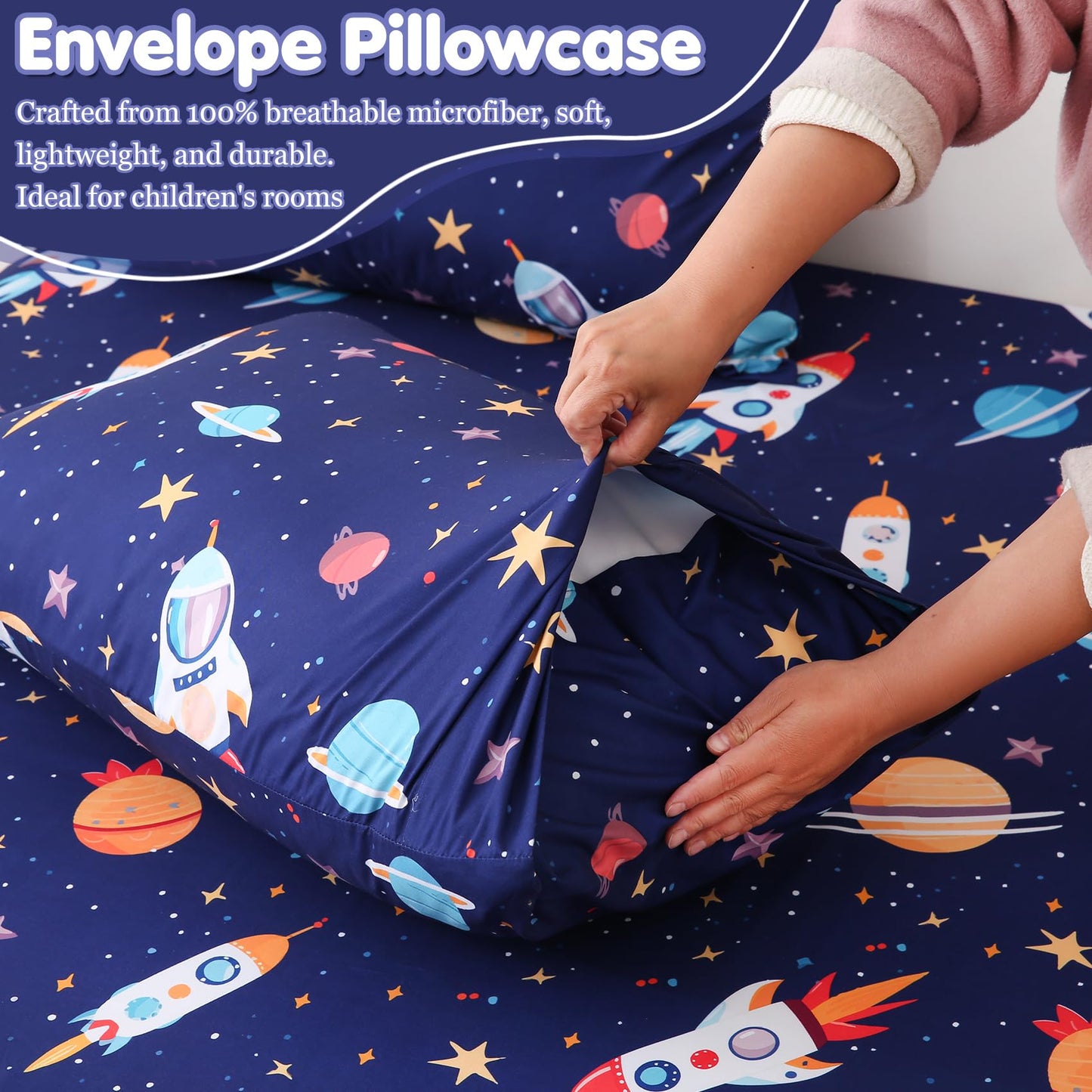 CIMVI Full Size Bed Sheets for Boys Space Rocket Universe Bed Sheet Sets for Kids 4 Piece Soft Microfiber Bed Sets with Deep Pocket Cartoon Bedding for Children Kids (Space, Full)