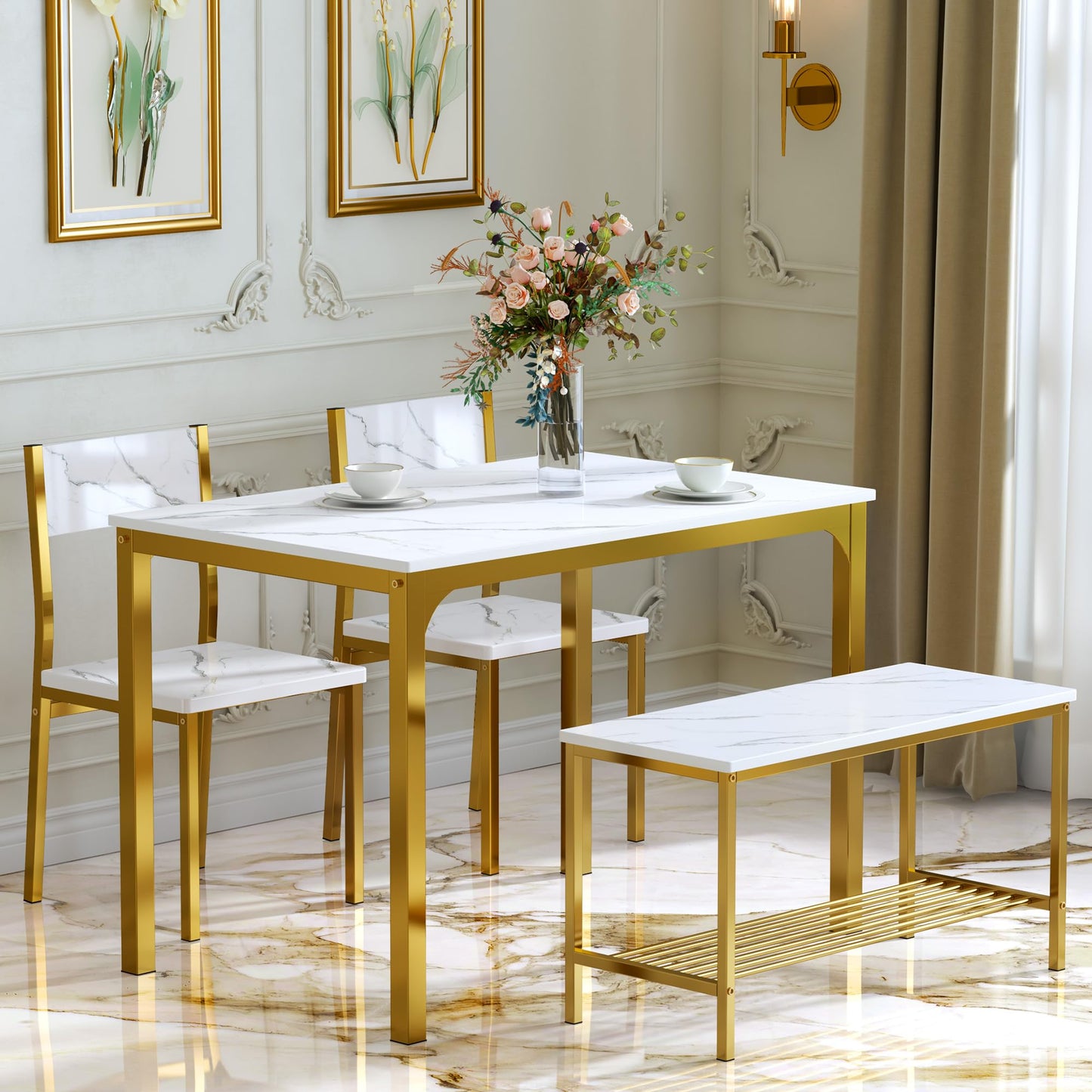 sogesfurniture Modern 4-Piece Kitchen Dining Table Set with 1 Bench and 2 Chairs, Kitchen Bench Table Set for 4, Wooden Kitchen Table and Chairs for Limited Space,Gold