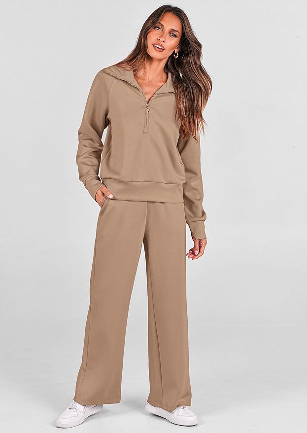 PRETTYGARDEN Women's 2 Piece Outfits Casual Lapel Half Zip Sweatshirts and Wide Leg Pants Tracksuit Sets
