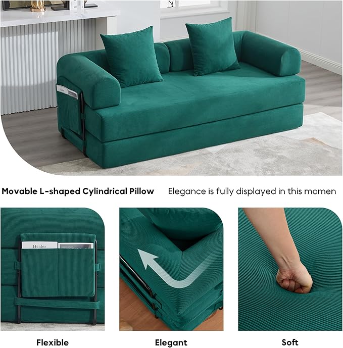 ZEIINPA Convertible Sleeper Sofa Bed, Folding Floor Sofa Bed with Fixed-Shape Frame, Corduroy Floor Sleeper Sofa with Storage Pocket, Futon Boneless Sofa Couch for Living Room, Emerald Green