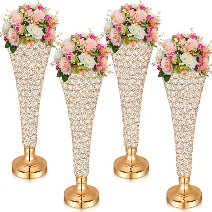 Rtteri 4 Pcs 20 Inch Tall Crystal Vase for Centerpieces Wedding Christmas Metal Crystal Trumpet Flower Vase Stand for Holi...