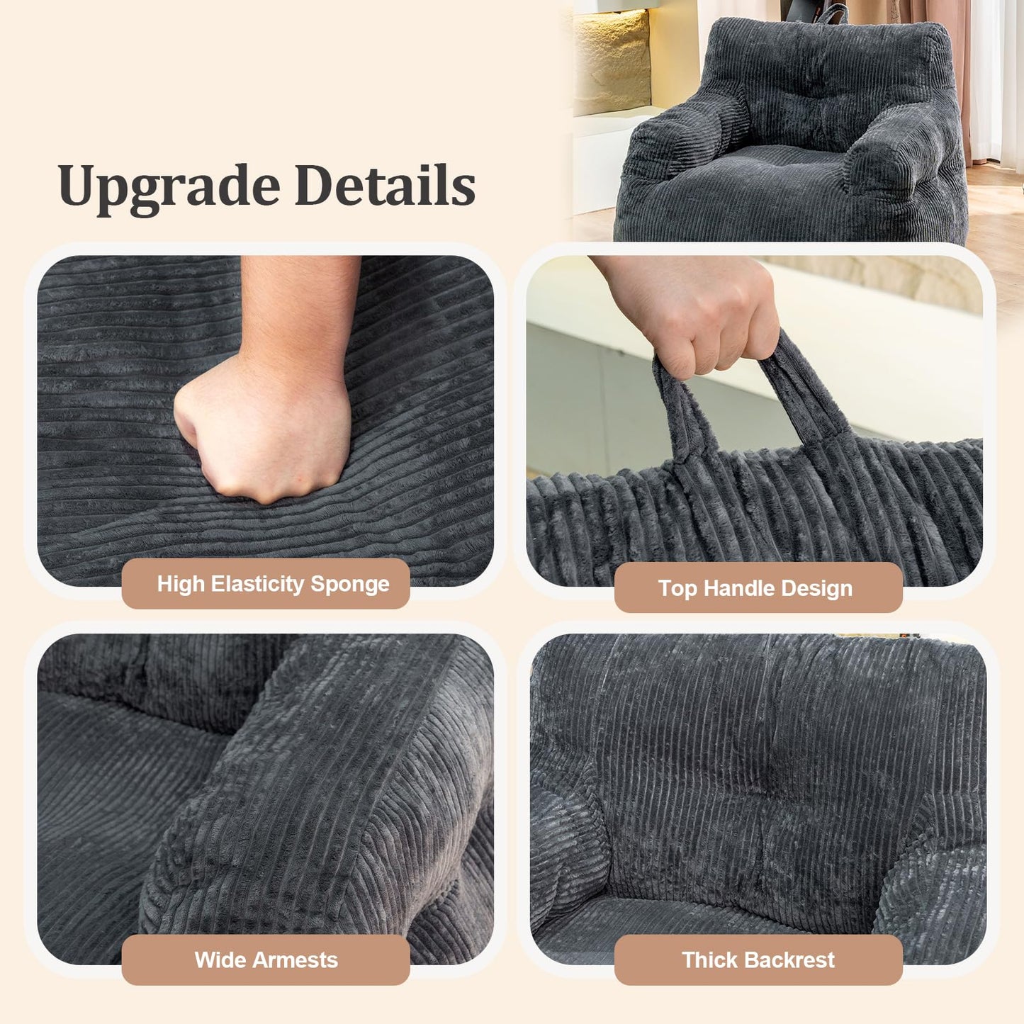 Stmoze Giant Bean Bag Chair, Faux Fur Large Bean Bag Chair for Adults, Fluffy and Comfy Giant Bean Bag Chair with Filler, Big Bean Bag Sofa Chair for Reading, Gaming, Grey