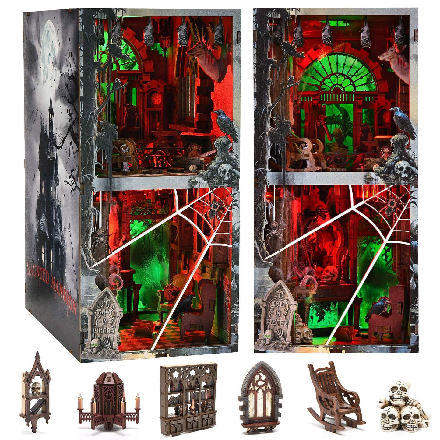 fifijoy Haunted Horror Book Nook Kit, DIY Miniature Dollhouse Halloween Booknook Kit, Spooky Creepy Scary 3D Wooden Puzzle Bookend Bookshelf Insert Decor with LED Light (Haunted Mansion)