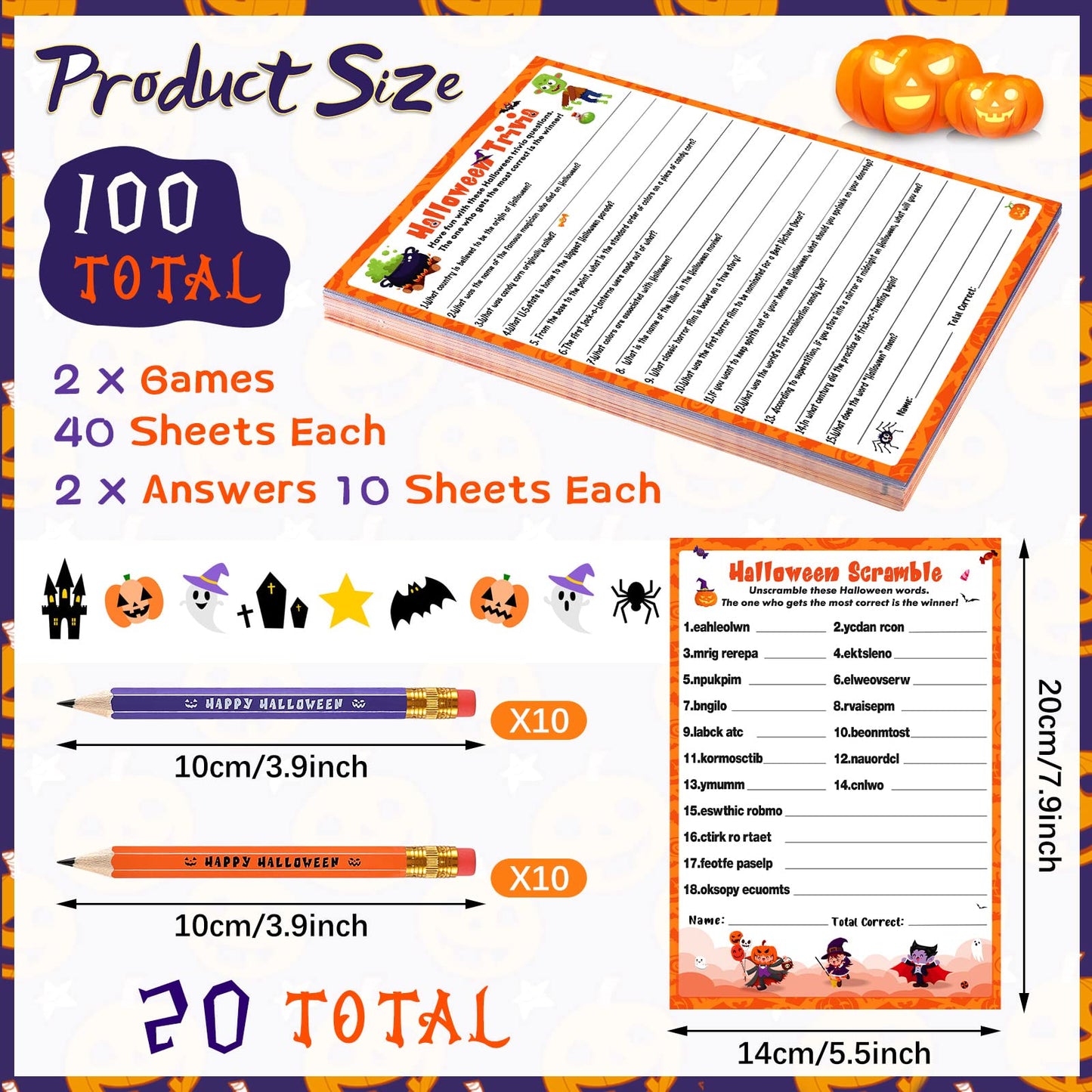 Kathfly 120 Pcs Halloween Games for Adults Include 2 Sets 40 Halloween Games Cards 20 Answer Cards and 20 Pencils, Baby Shower Party Supplies Word Scramble for Adults Groups (Horrible)