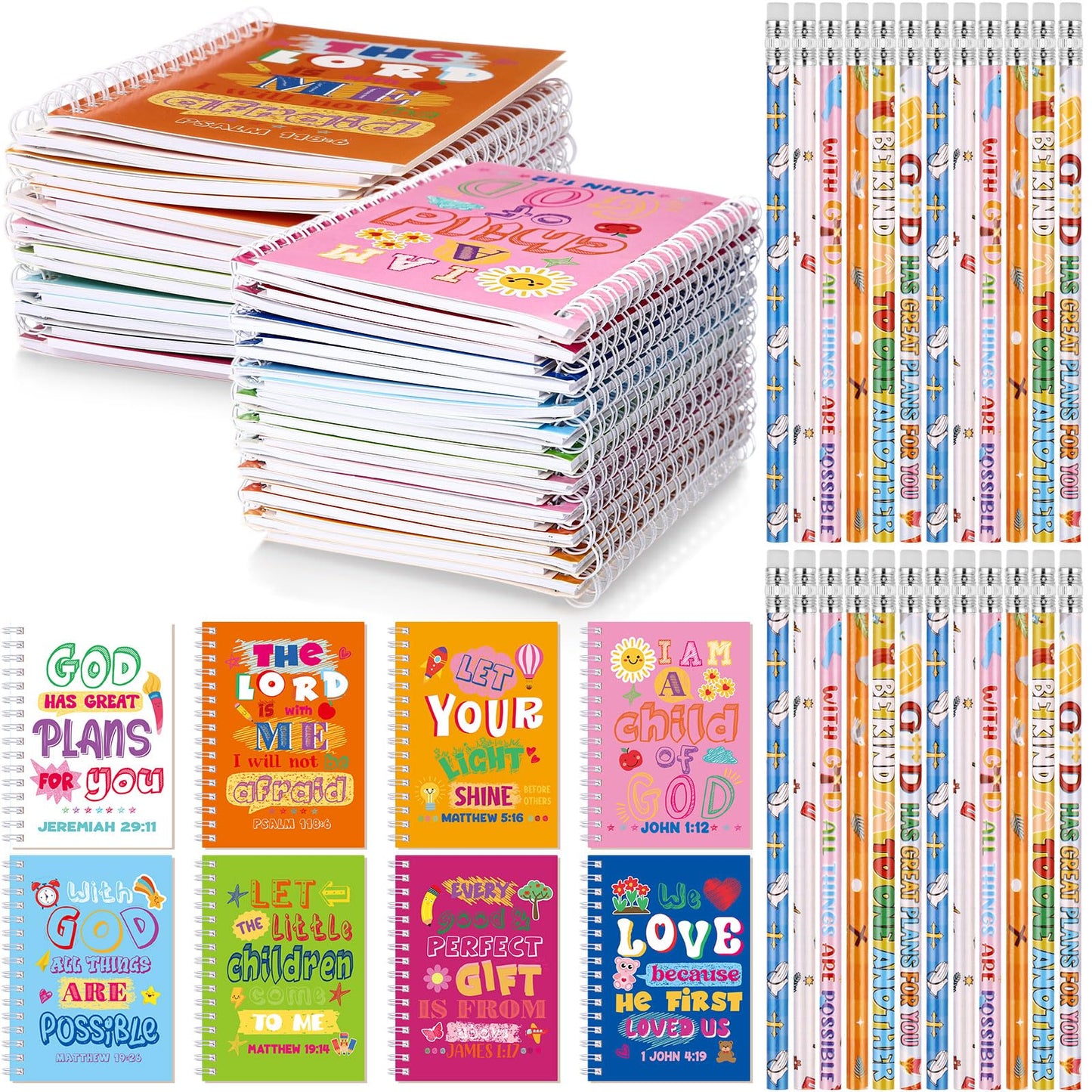 Crtiin 48 Pcs Include 24 Bible Verse Notepad 24 Pencils Kids Christian Church Gifts Students Classroom Award Religious Notebook Bible Pencils Prayer Pocket Sunday School(Classic Style,Eclectic)