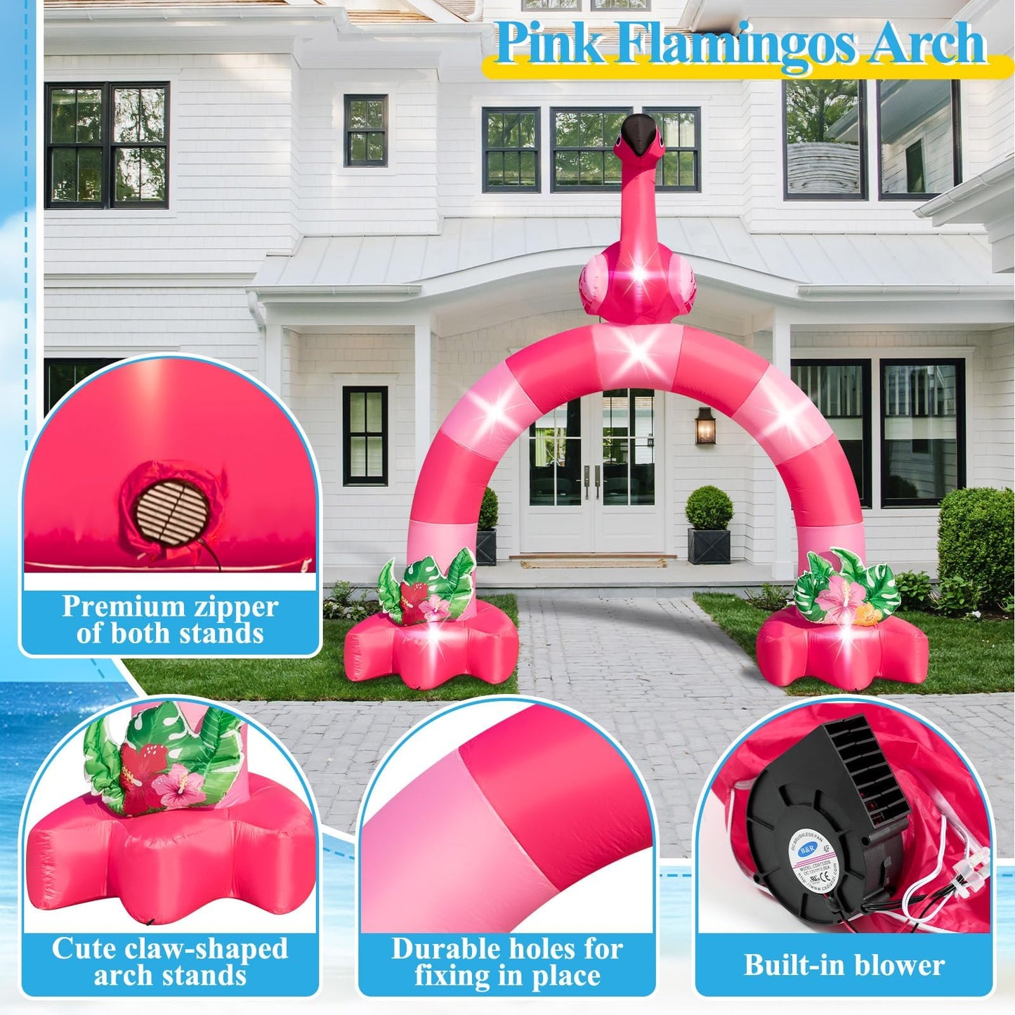 Eyourlife 12FT Pink Flamingo Inflatable Arch,Giant Inflatable Flamingo Outdoor Decor,Blow-Up Flamingo with 1Blower 6LED Lights and 2Hawaiian Leis for Summer Yard Garden Birthday Luau Beach Party