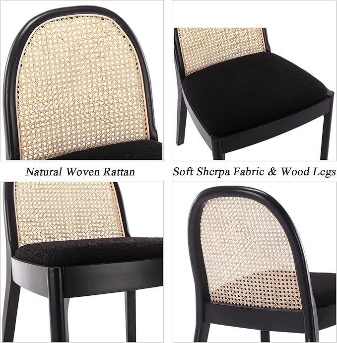 DUOMAY Mid-Century Modern Rattan Dining Chairs Set of 4, Wooden Dining Room Chair with Cane Backrest and Padded Seat, Black Sherpa Upholstered Dining Chair, Black Finish