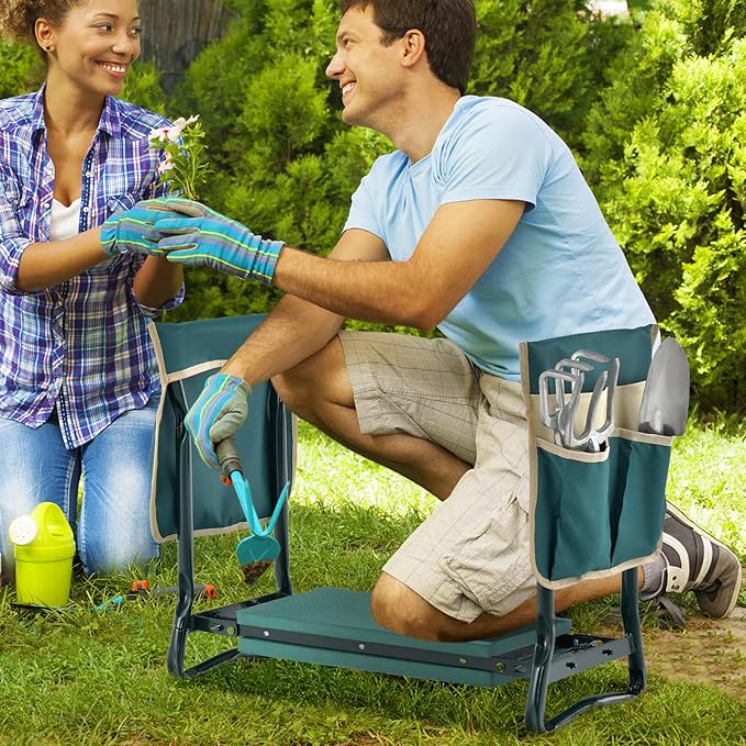 Goplus Garden Kneeler and Seat, Foldable Garden Bench for Kneeling & Sitting, Widened 8" EVA Soft Foam Pad, Heavy-Duty Garden Stool w/ 2 Large Tool Pouches, Gardening Gift for Women Men Seniors