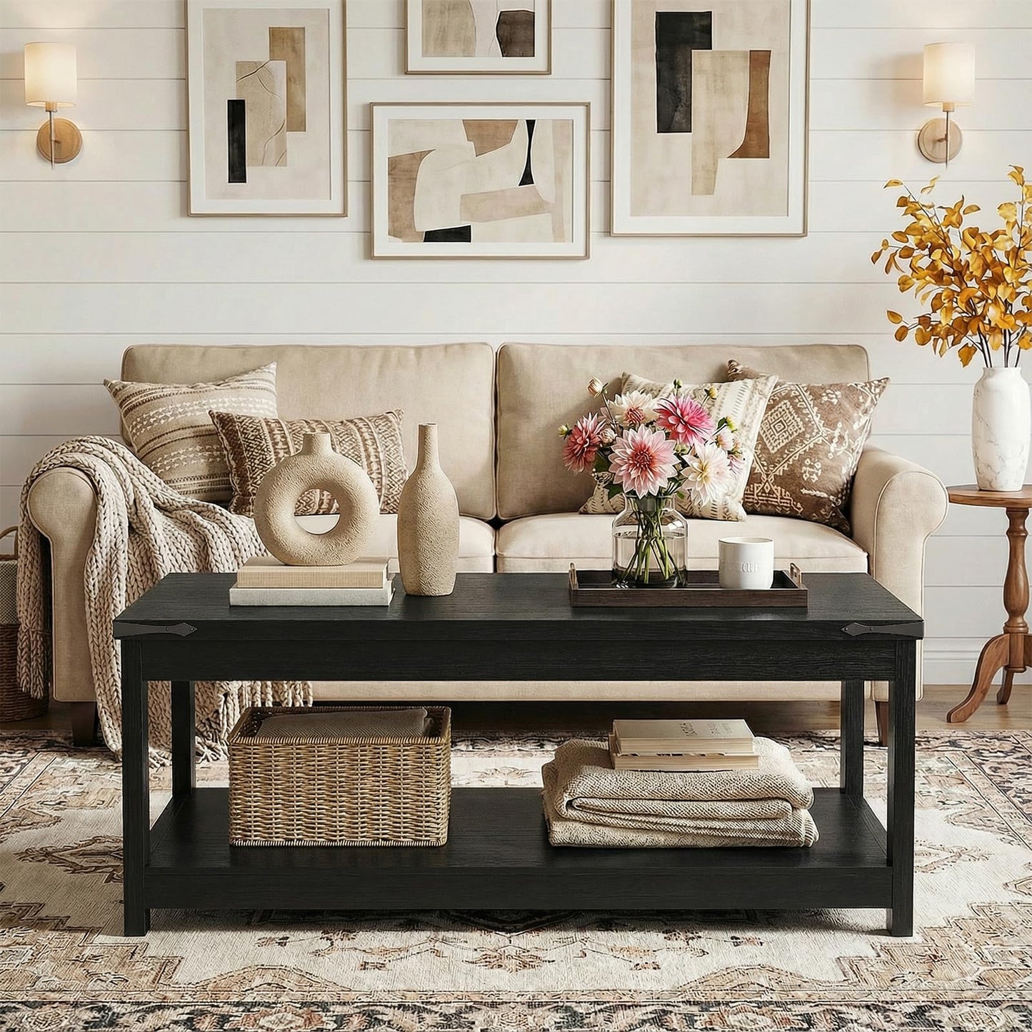 Homieasy 43.3” Rectangular Coffee Table with Storage Shelf, Farmhouse Wood Center Table for Living Room, Modern Black Tea Table with Open Shelf, Black
