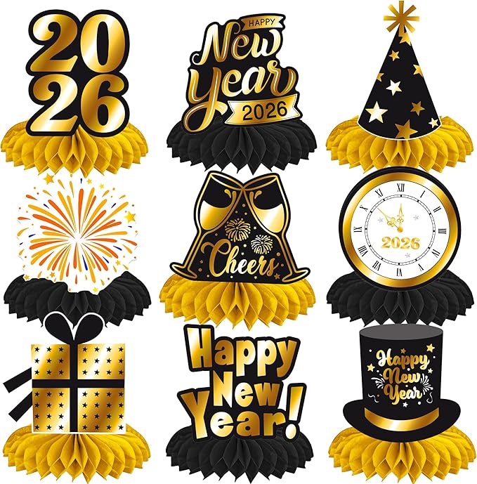 Happy New Year Honeycomb Centerpieces 2026 New Year's Eve Table Decorations 12Pcs New Year Theme Party Supplies Black and ...