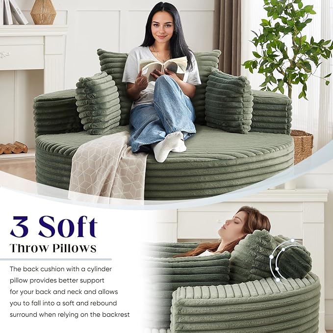 360-Degree Oversized Swivel Chair, Modern Round Circle Corduroy Comfy Deep Seat Swivel Accent Chaise Lounge Sofa Chair with Back Cushion & 2 Throw Pillows for Living Room Bedroom Office, Green