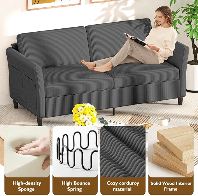 Valthie 79.1" Corduroy Loveseat Sofa, Modern Comfy Couches with Side Pocket, 3-Seater Sofa Couch for Living Room, Bedroom and Small Spaces,Grey