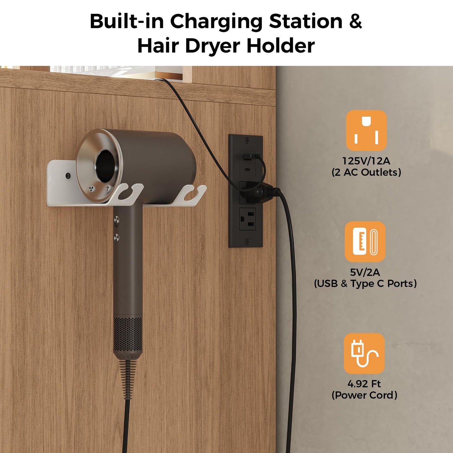 IRONCK Vanity Desk with LED Lighted Mirror, 3-Color Dimmable Makeup Vanity with Glass Top & Charging Station, 4 Drawers & Open Shelves, 63" H Vanity for Bedroom, White/Natural Wood
