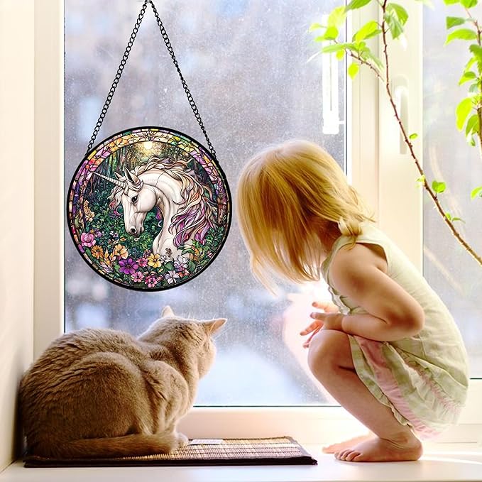 Stained Glass Window Hanging, Unicorn Flowers Suncatcher for Doors Home Sun Catchers Decoration and Christmas, Mother's Day Birthday Gifts for Women, Men, and Mom 11.8x11.8 in