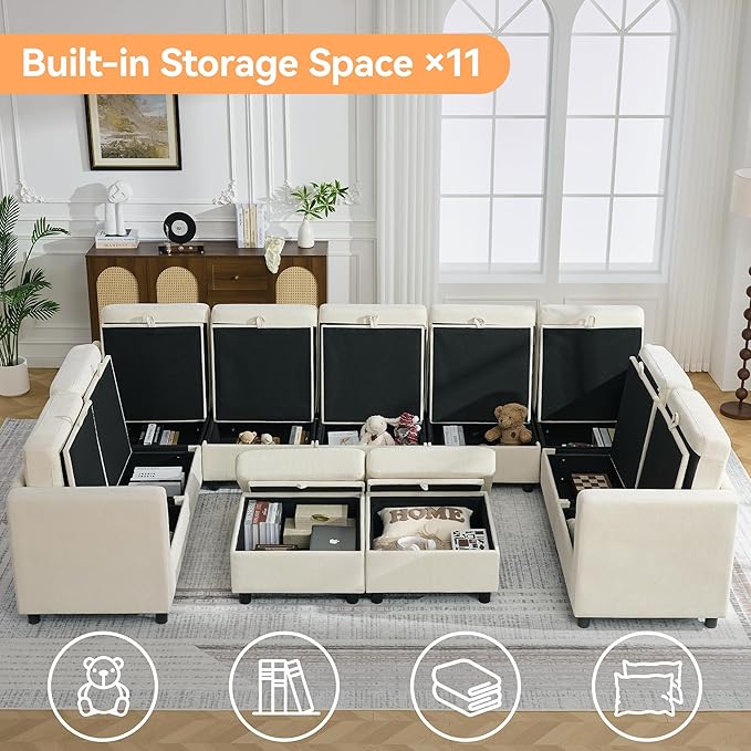 127'' Oversized U Shaped Modular Sofa, Sectional Couches with Storage for Living Room, Modern 9 Seater Cloud Sectional Couch with Movable Ottoman, Chenille Beige
