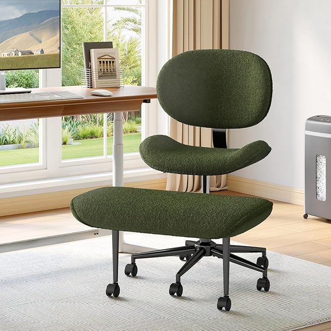 Cross Legged Office Chair with Wheels for ADHD, Ergonomic 360° Swivel Height-Adjustable Meditation Chair for Yoga, Wide Kneeling Chair with Strong Lumbar Support, Teddy Fabric, Green