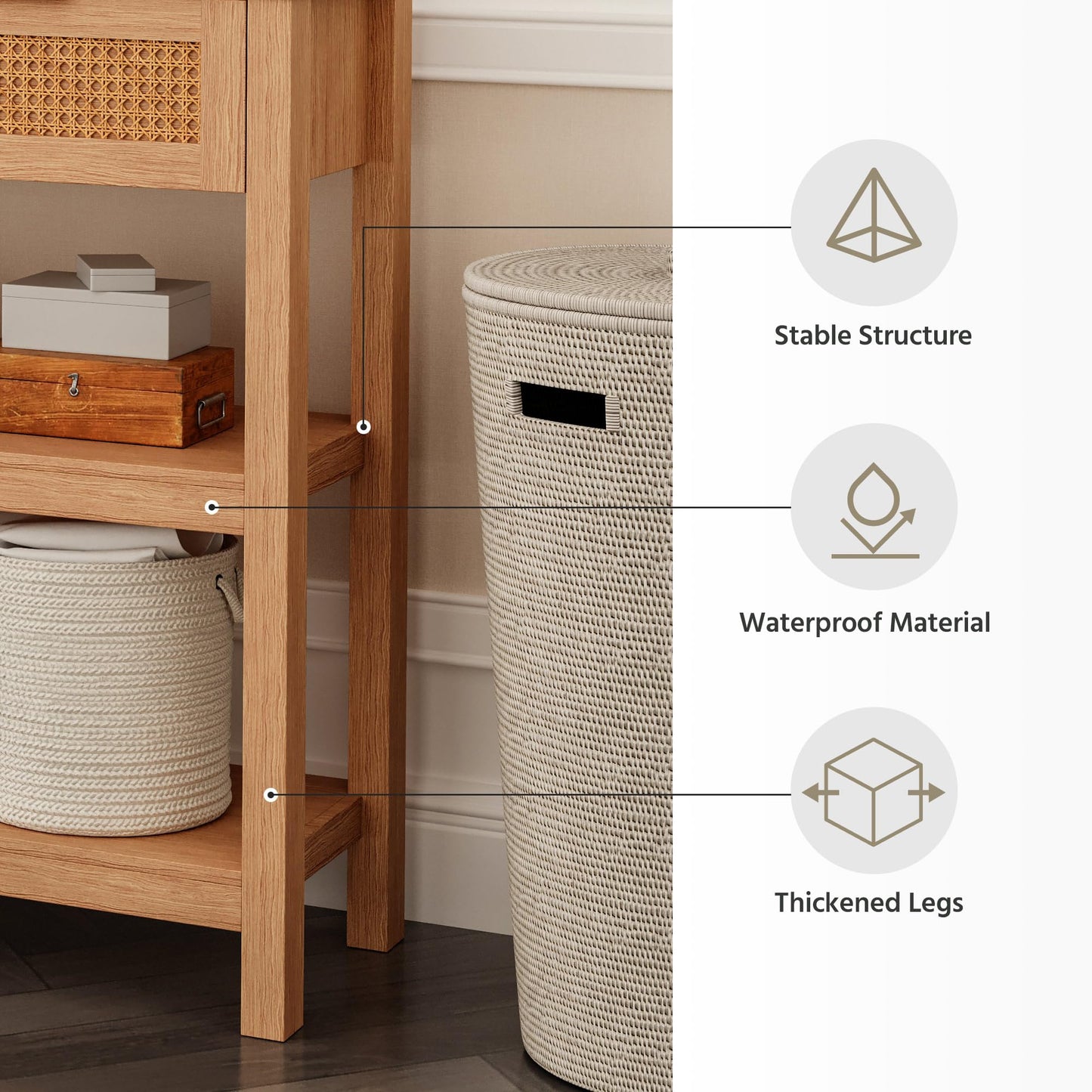 LAUSAINT HOME Narrow Console Table, 51" Entryway Table with 3 Rattan Drawers, Sofa Table Behind Couch/Sofa with 2 Storage Shelves, Natural Wood Console Table for Living Room, Bedroom, Hallway, Foyer