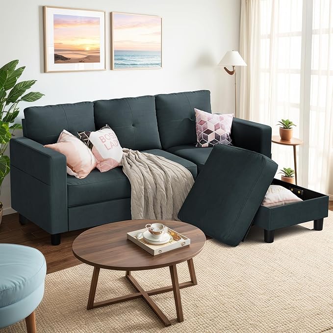 Shintenchi 76" Modern Upholstered Sectional Sofa, L-Shaped Couch with Storage Ottoman and Reversible Chaise for Living Room, Dark Gray Linen Fabric