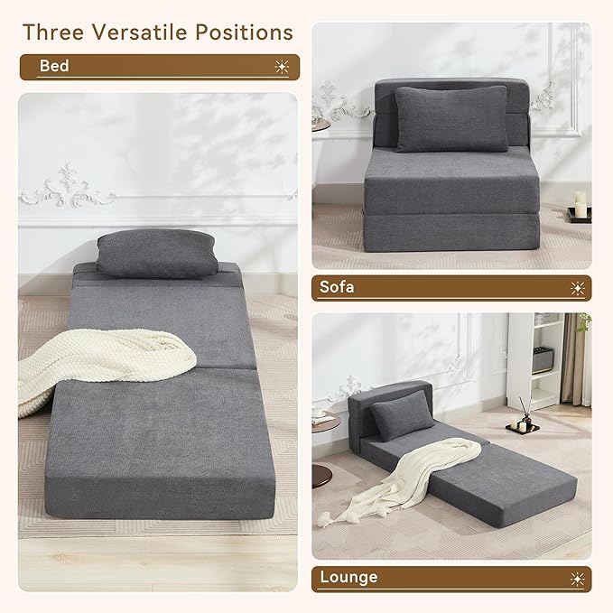 WUTUTUEE Folding Sofa Bed Convertible Floor Couch Foldable Chair Bed with Pillow，Linen Sleeper Chair Futon,Foldable Memory Foam Mattress for Bedroom/Living Room/Dorm/Office (Dark Grey, Single)