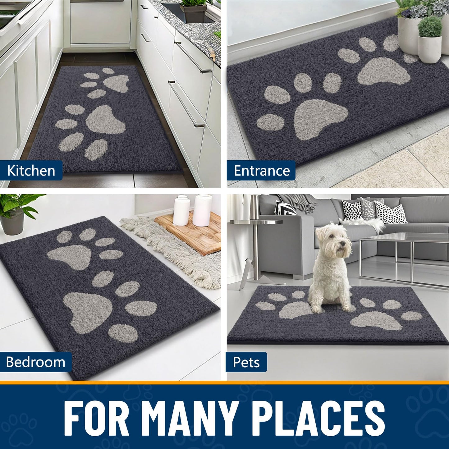 Smiry Dog Door Mat for Muddy Paws 30x20, Dirt Trapper Non Slip Washable Indoor Doormats, Absorbent Entryway Carpet for Inside Floor, Dark Grey