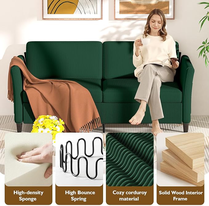 Valthie 60.6" Small Corduroy Loveseat Sofa, Mid-Century Modern 2-Seater Couch with Side Pockets for Small Spaces, Green– Perfect for Living Room, Bedroom, Office & Apartment