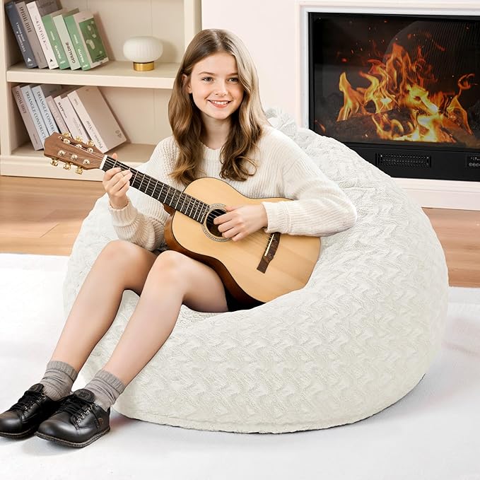 2FT Bean Bag Chair,Giant Bean Bag Chairs for Adults,Big Bean Bags with Memory Foam Filled, Large Beanbag Chairs with Chevron Plush Cover-White