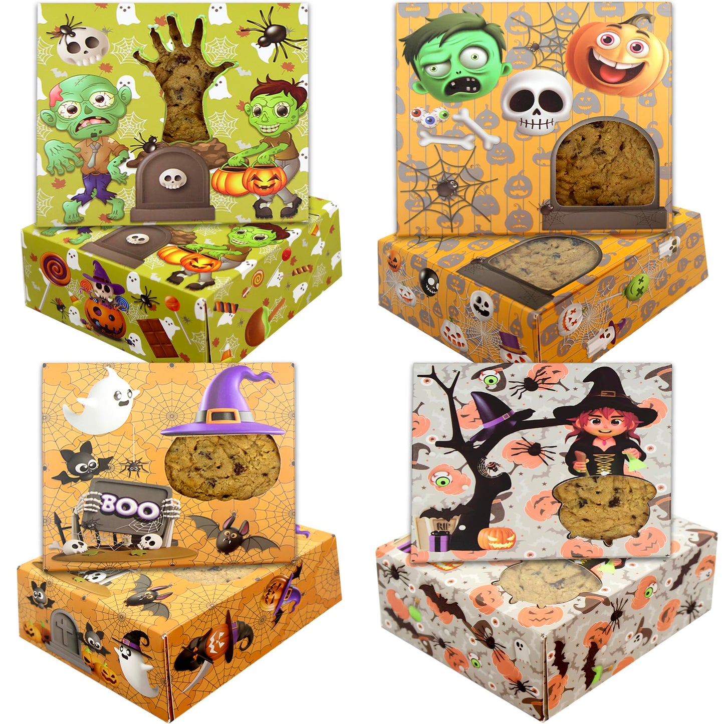 BASHOUT Halloween Cookie Boxes | 24 Pcs Variety Pack with 4 Unique Designs | 5" x 5" Inch Treat Boxes for Gift Giving & Candy Display