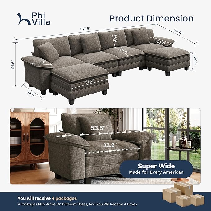 PHI VILLA Cloud Modular Couch Sets, 157.5" Sectional Sofa with U-Shaped Chaise, 6-Seater Couches with Movable Ottomans for Living Room, Chenille Fabric, Smoky Grey