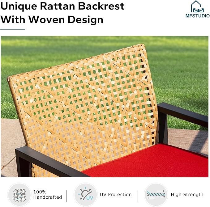 MFSTUDIO 4 Pieces Outdoor Patio Furniture Set, Outdoor Rattan Loveseat Furniture with Wood Table, Loveseat & Chairs, Small Patio Sectional Sofa Set for 4, Red