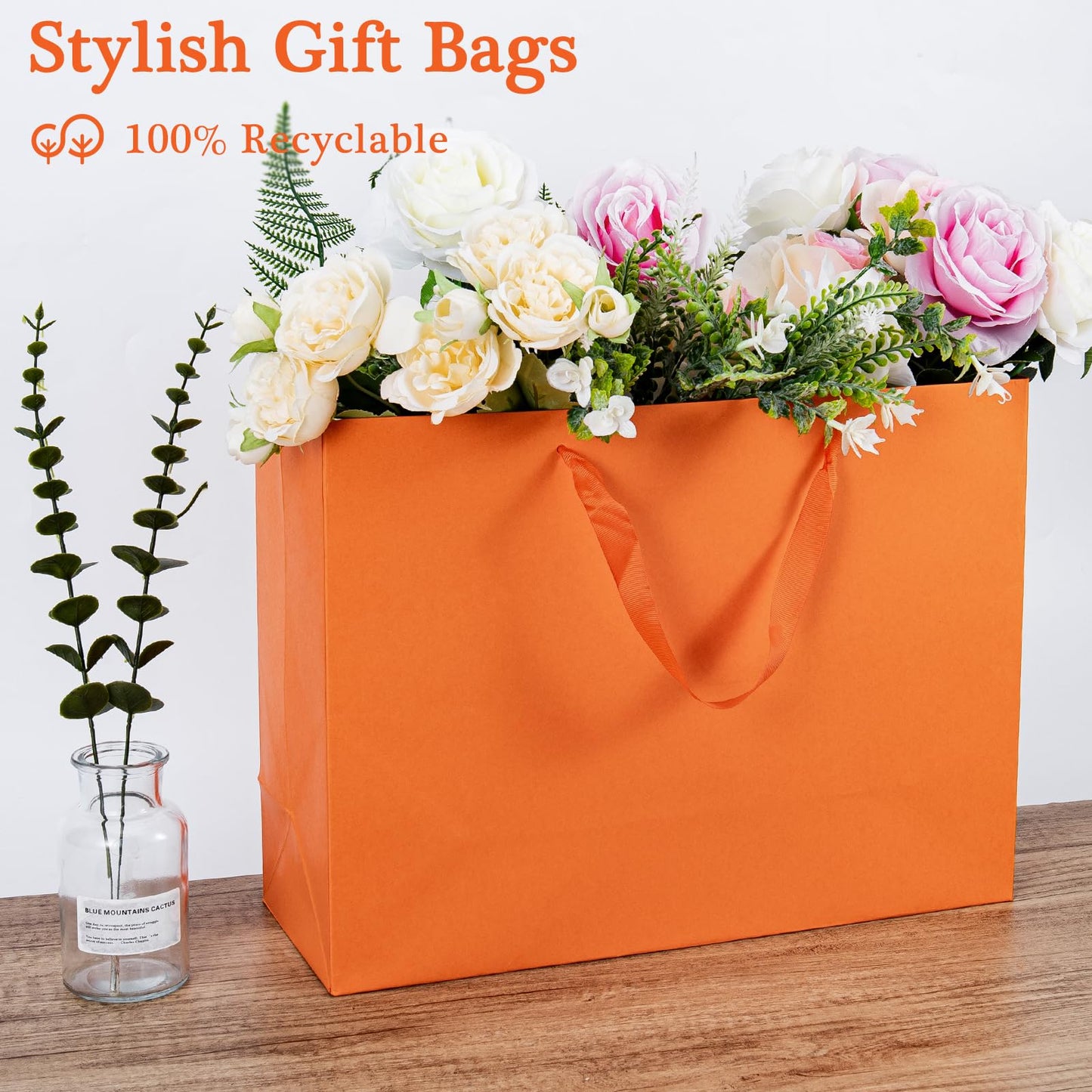 Umoofine Large Orange Gift Bag 12 Pack, 15.7x5.9x12 Inches Extra Large Kraft Gift Bags with Ribbon Handles, Reusable Heavy Duty Kraft Orange Paper Bags Bulk for Shopping, Wedding, Gift, Retail