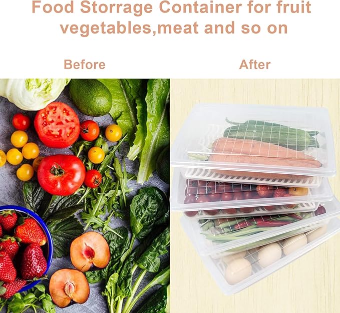 Food Storage Container, Plastic Food Containers with Removable Drain Plate and Lid, Stackable Portable Freezer Storage Containers - Tray to Keep Fruits, Vegetables, Meat and More (4,Large)