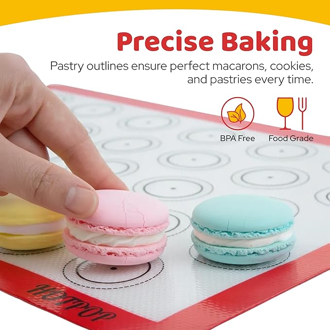 HOTPOP Piping Bags and Tips Set for Macarons - 17-Piece Baking Supplies Kit - Reusable Silicone Pastry Bags - 2 Half-Size Baker Mats - Ideal for Home Pastry Baking (16.5"x11.5")