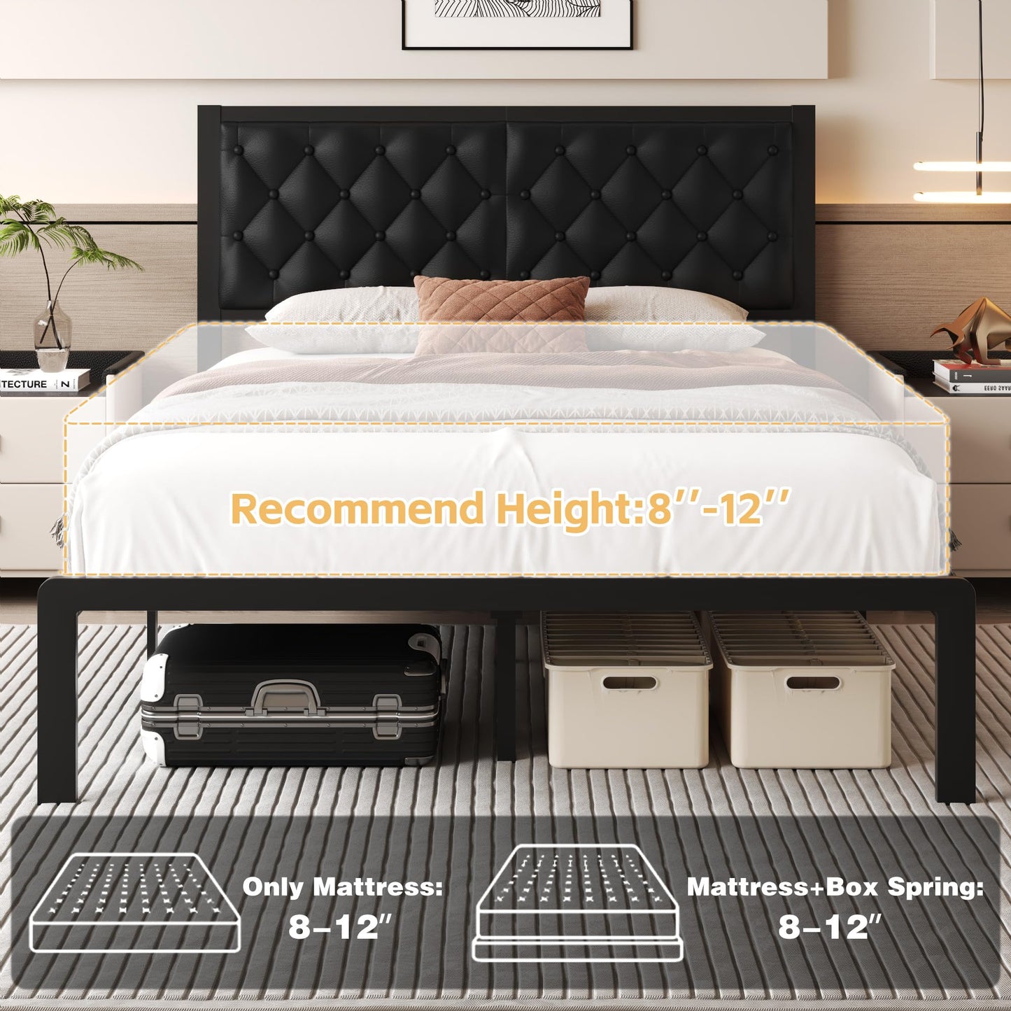 Fluest Queen Bed Frame with Headboard PU Leather Upholstered Bed Frame Platform,All Metal Slats Support Platform Bed Frame with Storage Space,Easy Assembly,Noise Free,No Box Spring Needed,Black